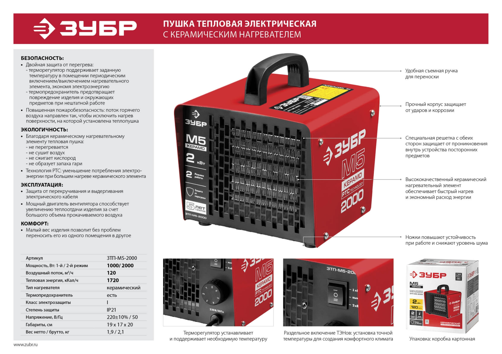 ЗУБР 2 кВт, электрическая тепловая пушка (ЗТП-М5-2000)