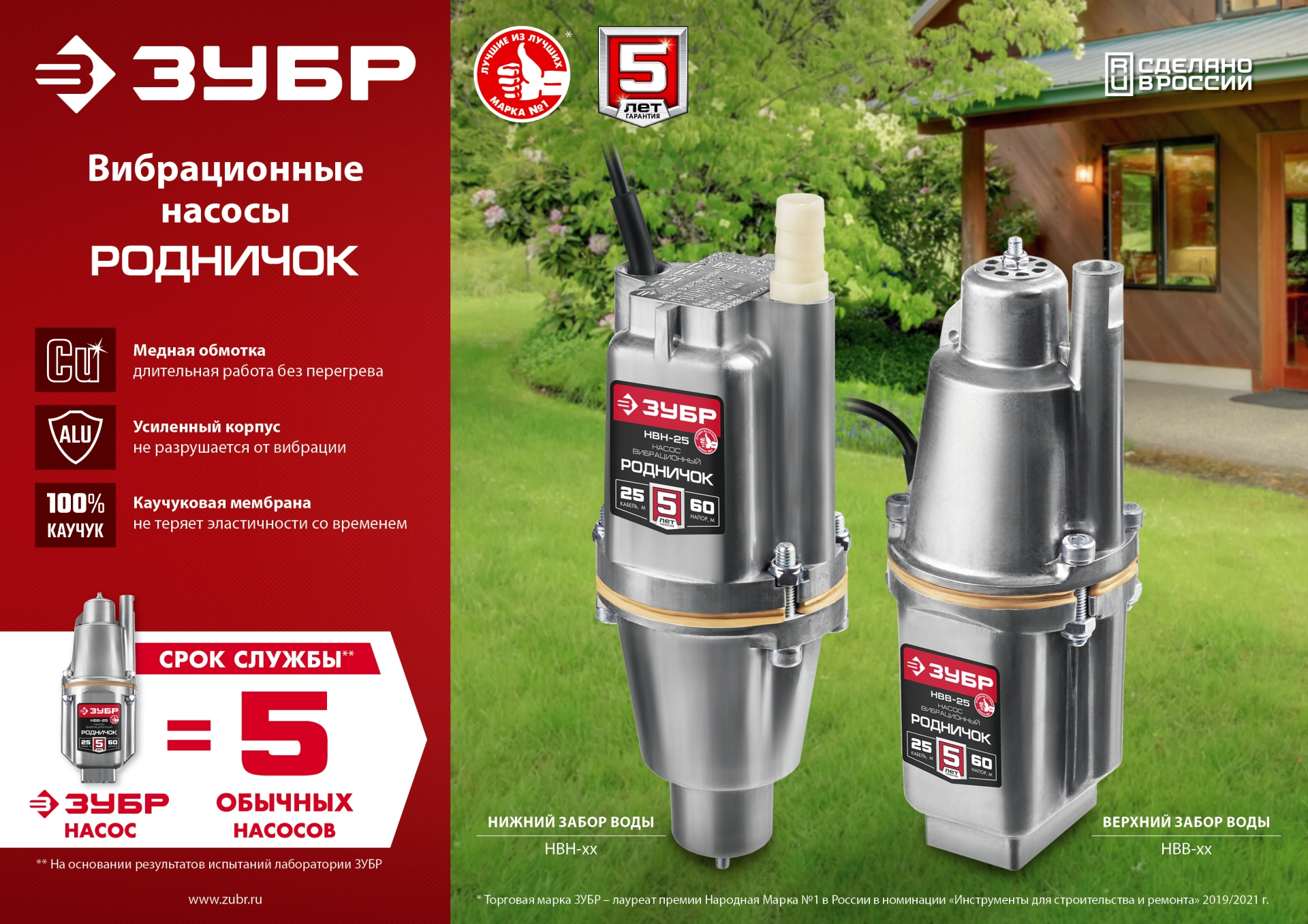 ЗУБР Родничок-Н, 15 м, вибрационный насос с нижним забором (НВН-15)