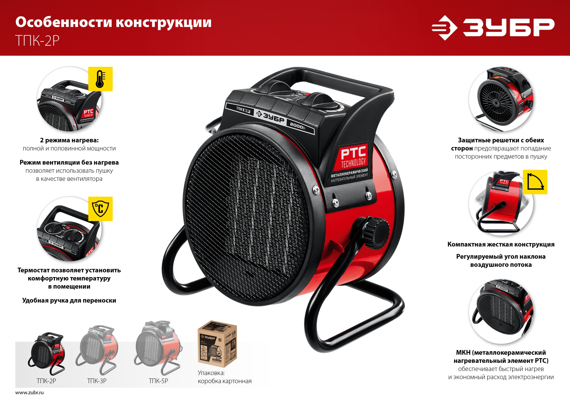 ЗУБР 2 кВт, электрическая тепловая пушка (ТПК-2Р)